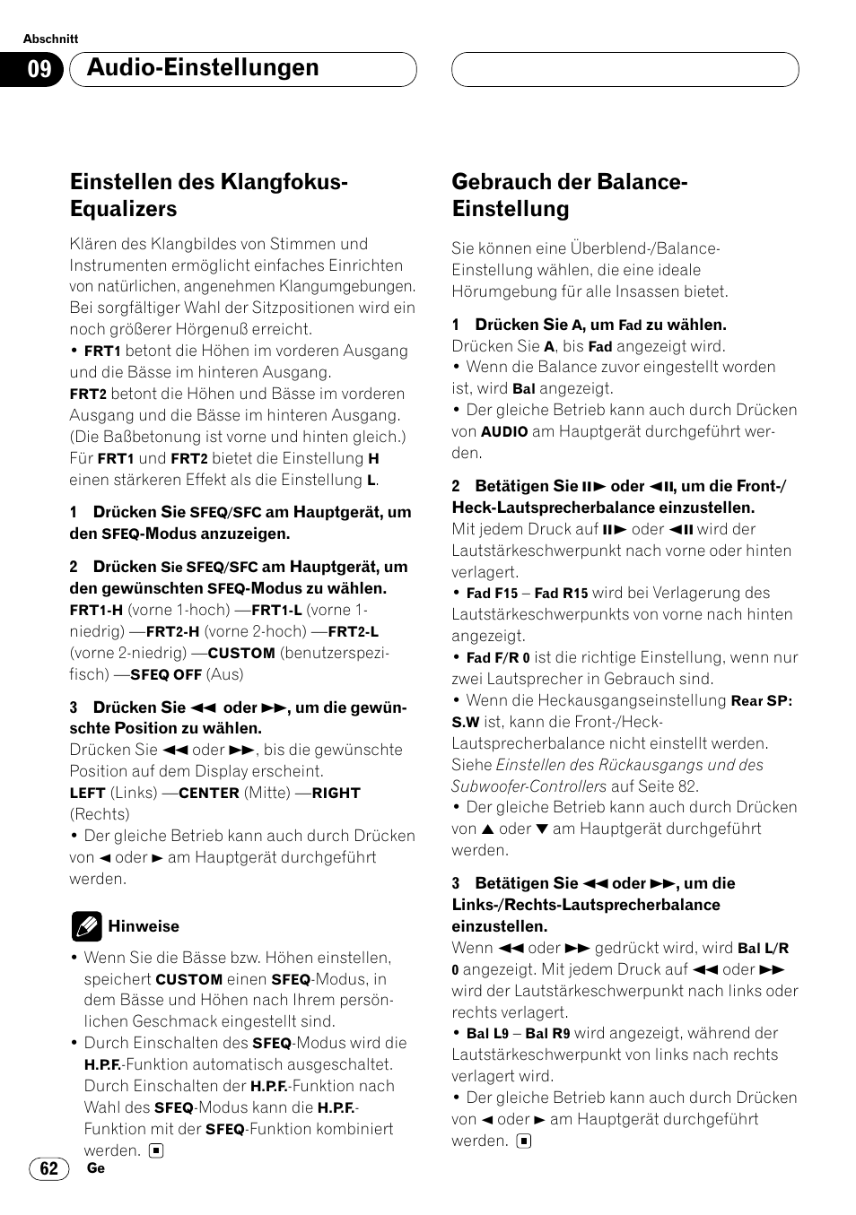 Audio-einstellungen, Einstellen des klangfokus- equalizers, Gebrauch der balance- einstellung | Pioneer DVH-P7000R User Manual | Page 62 / 204