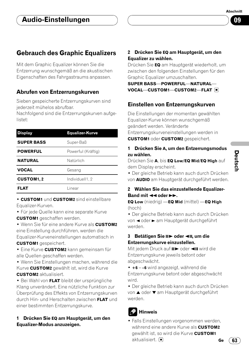 Gebrauch des graphic equalizers 63, Audio-einstellungen, Gebrauch des graphic equalizers | Abrufen von entzerrungskurven, Einstellen von entzerrungskurven | Pioneer DVH-P7000R User Manual | Page 63 / 204