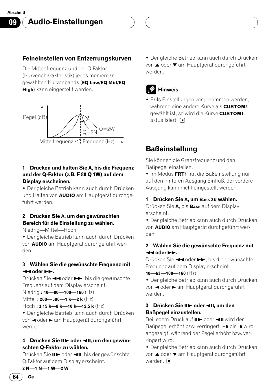 Feineinstellen von entzerrungskurven 64, Baßeinstellung 64, Audio-einstellungen | Baßeinstellung, Feineinstellen von entzerrungskurven | Pioneer DVH-P7000R User Manual | Page 64 / 204