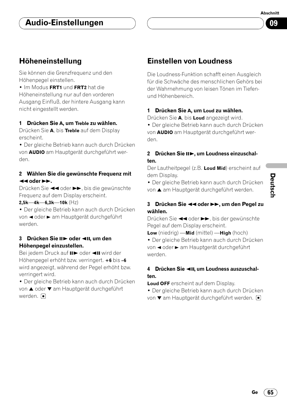 Höheneinstellung 65 einstellen von loudness 65, Audio-einstellungen, Höheneinstellung | Einstellen von loudness | Pioneer DVH-P7000R User Manual | Page 65 / 204