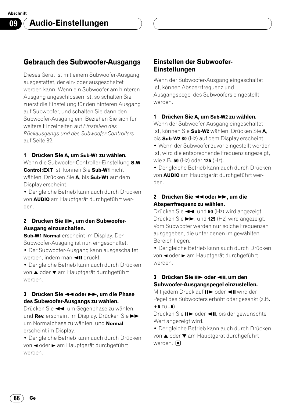 Gebrauch des subwoofer-ausgangs 66, Einstellen der subwoofer, Einstellungen 66 | Audio-einstellungen, Gebrauch des subwoofer-ausgangs, Einstellen der subwoofer- einstellungen | Pioneer DVH-P7000R User Manual | Page 66 / 204