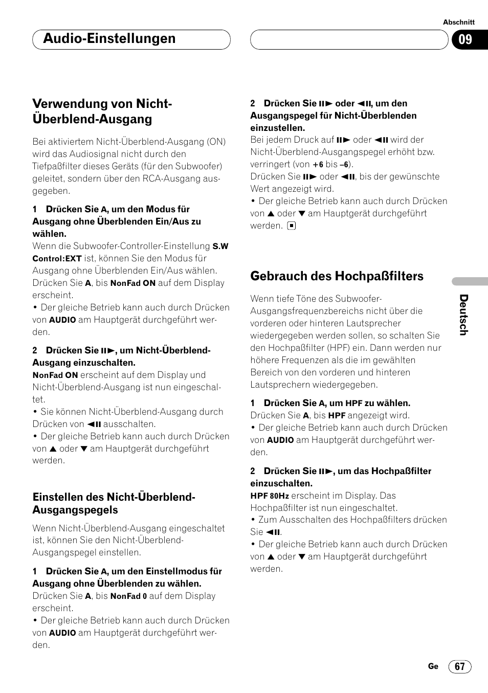 Verwendung von nicht-überblend-ausgang 67, Einstellen des nicht-überblend, Ausgangspegels 67 | Gebrauch des hochpaßfilters 67, Audio-einstellungen, Verwendung von nicht- überblend-ausgang, Gebrauch des hochpaßfilters | Pioneer DVH-P7000R User Manual | Page 67 / 204