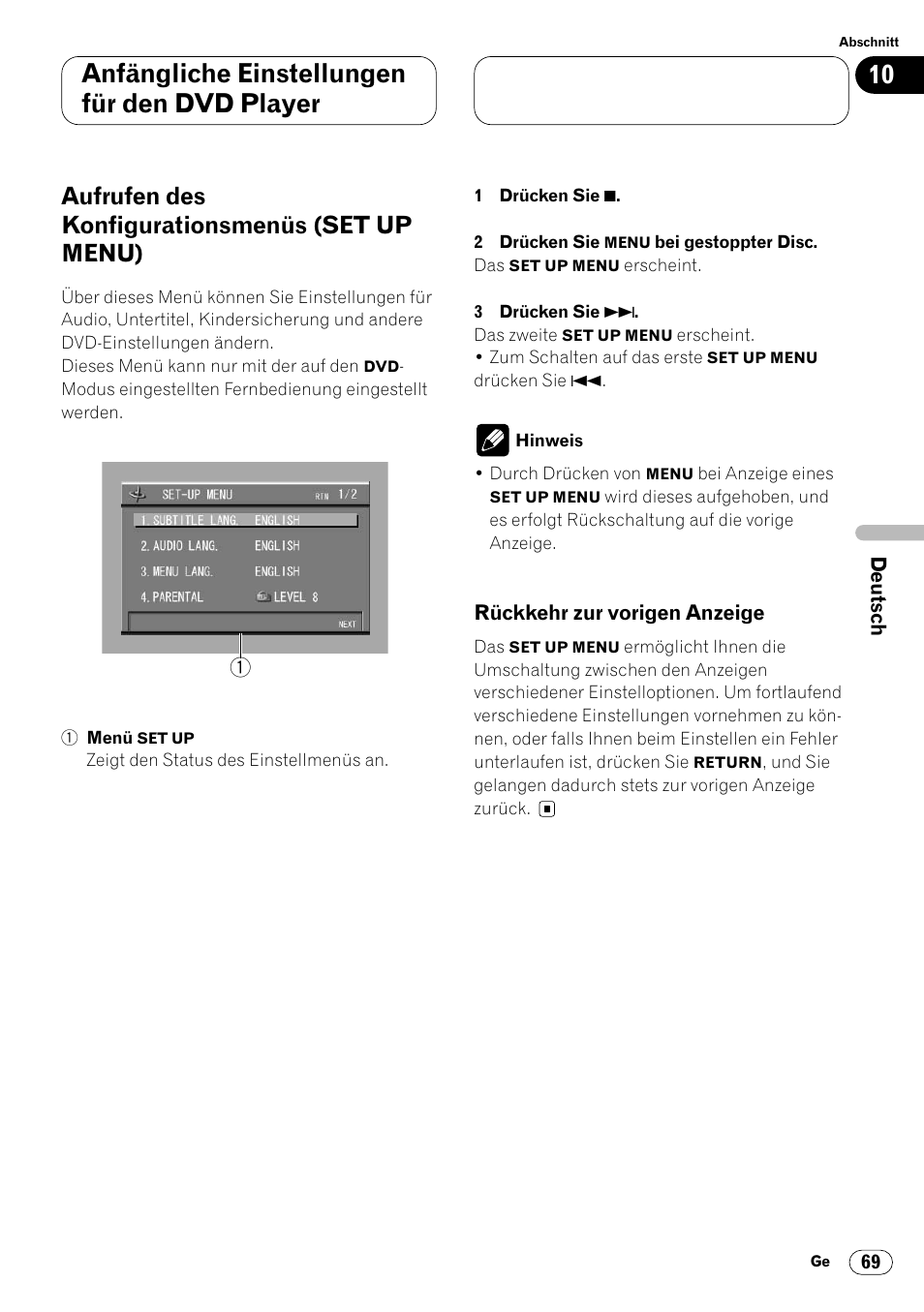 Set up menu) 69 • rückkehr zur vorigen anzeige 69, Anfängliche einstellungen für den dvd player, Aufrufen des konfigurationsmenüs (set up menu) | Pioneer DVH-P7000R User Manual | Page 69 / 204