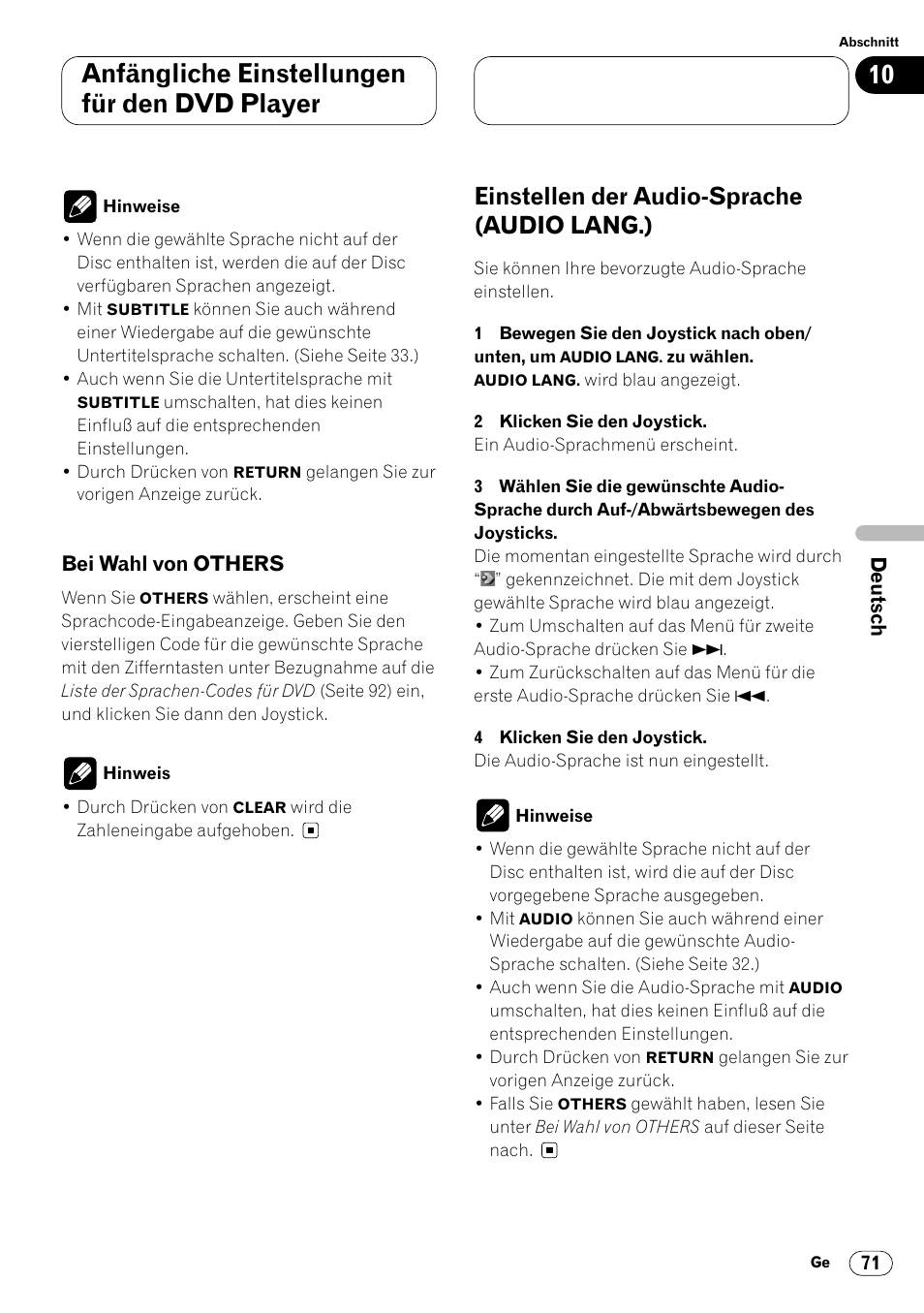 Bei wahl von others 71, Einstellen der audio-sprache, Audio lang.) 71 | Anfängliche einstellungen für den dvd player, Einstellen der audio-sprache (audio lang.) | Pioneer DVH-P7000R User Manual | Page 71 / 204