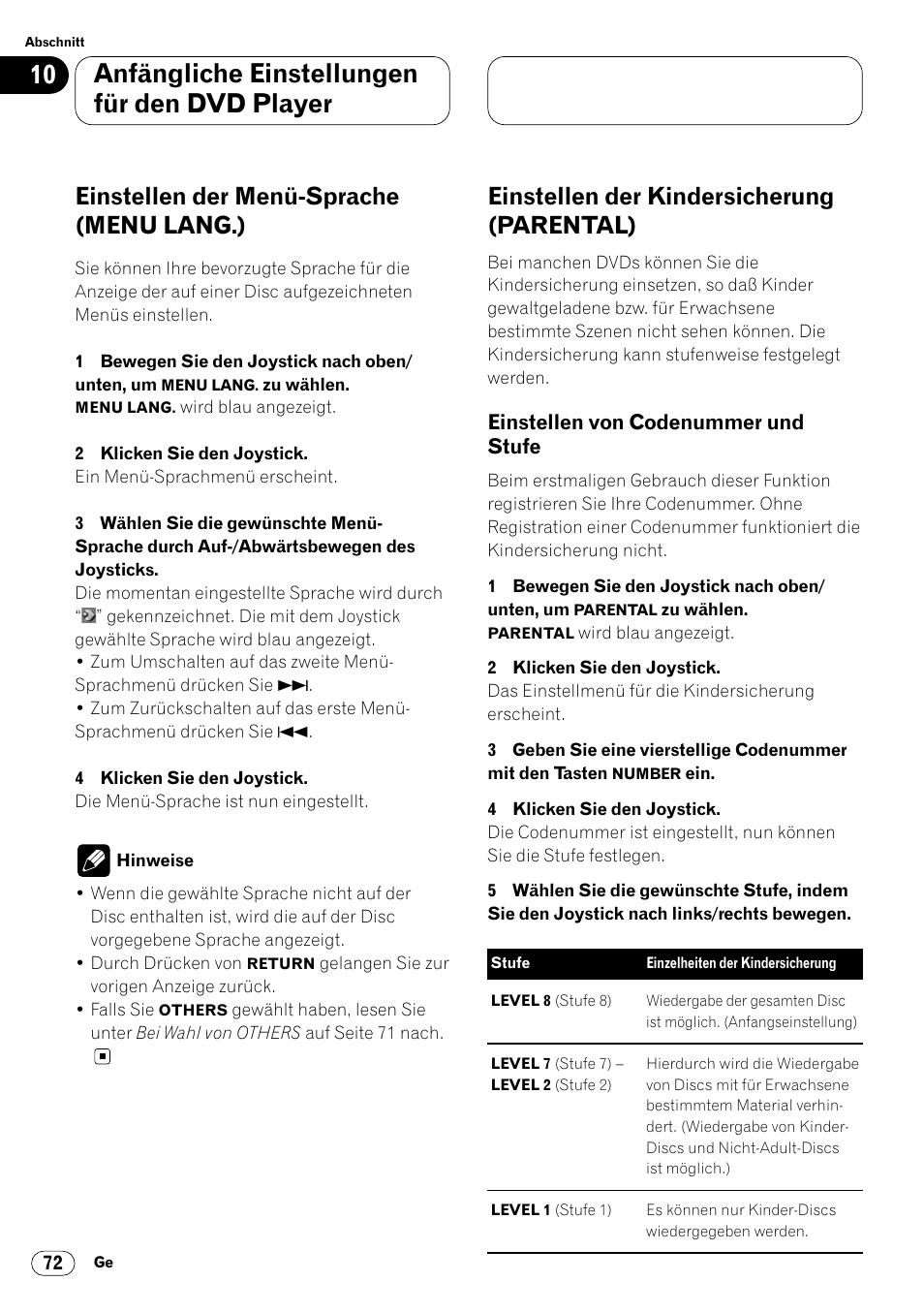 Einstellen der menü-sprache, Menu lang.) 72, Einstellen der kindersicherung | Anfängliche einstellungen für den dvd player, Einstellen der menü-sprache (menu lang.), Einstellen der kindersicherung (parental) | Pioneer DVH-P7000R User Manual | Page 72 / 204