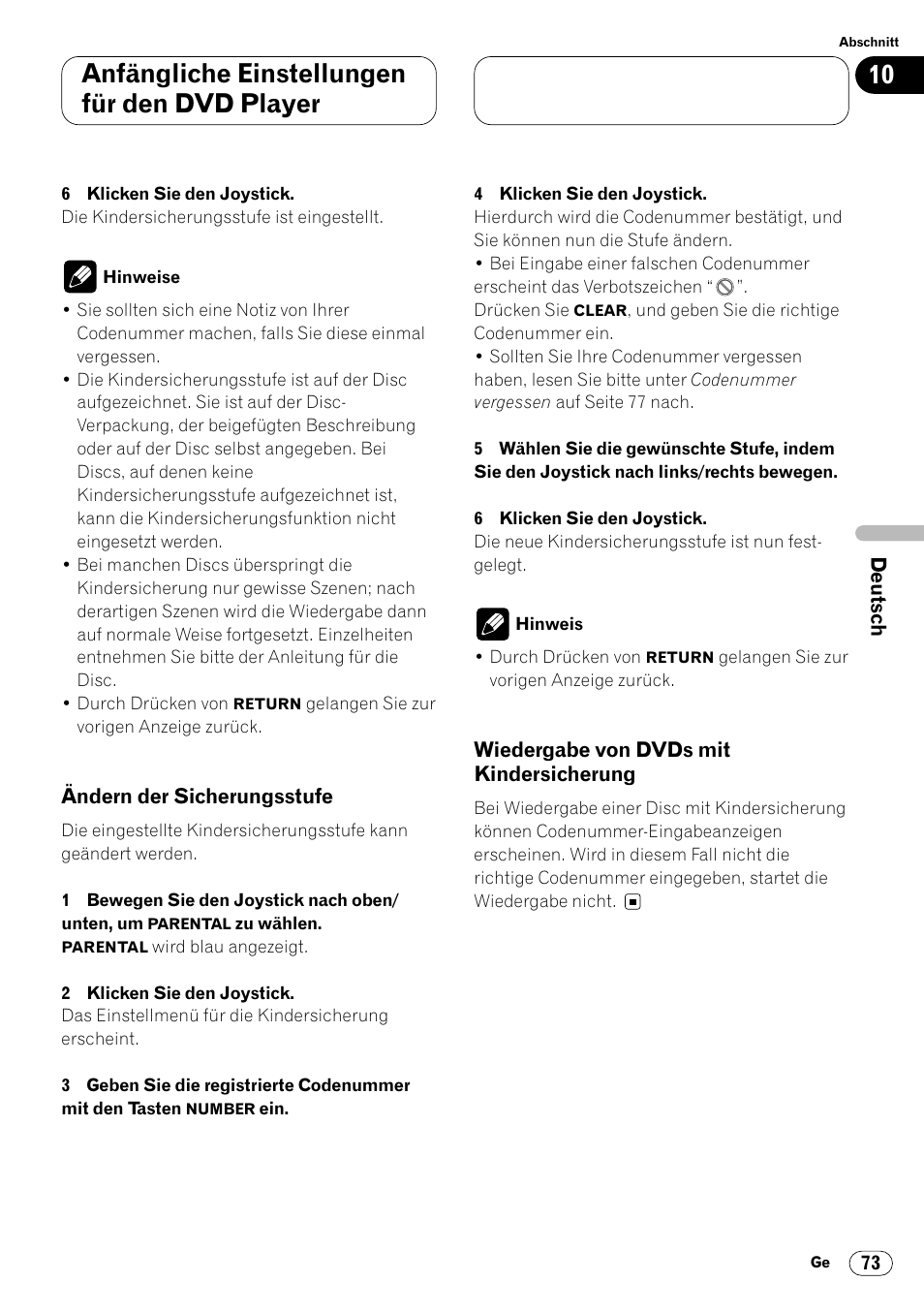 Kindersicherung 73, Anfängliche einstellungen für den dvd player | Pioneer DVH-P7000R User Manual | Page 73 / 204