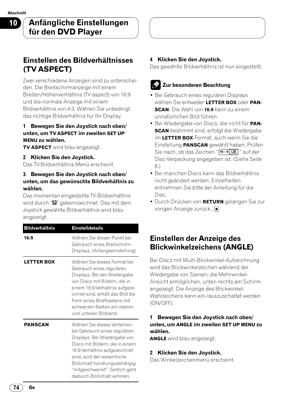 Einstellen des bildverhältnisses, Tv aspect) 74, Einstellen der anzeige des | Blickwinkelzeichens (angle) 74, Anfängliche einstellungen für den dvd player, Einstellen des bildverhältnisses (tv aspect) | Pioneer DVH-P7000R User Manual | Page 74 / 204