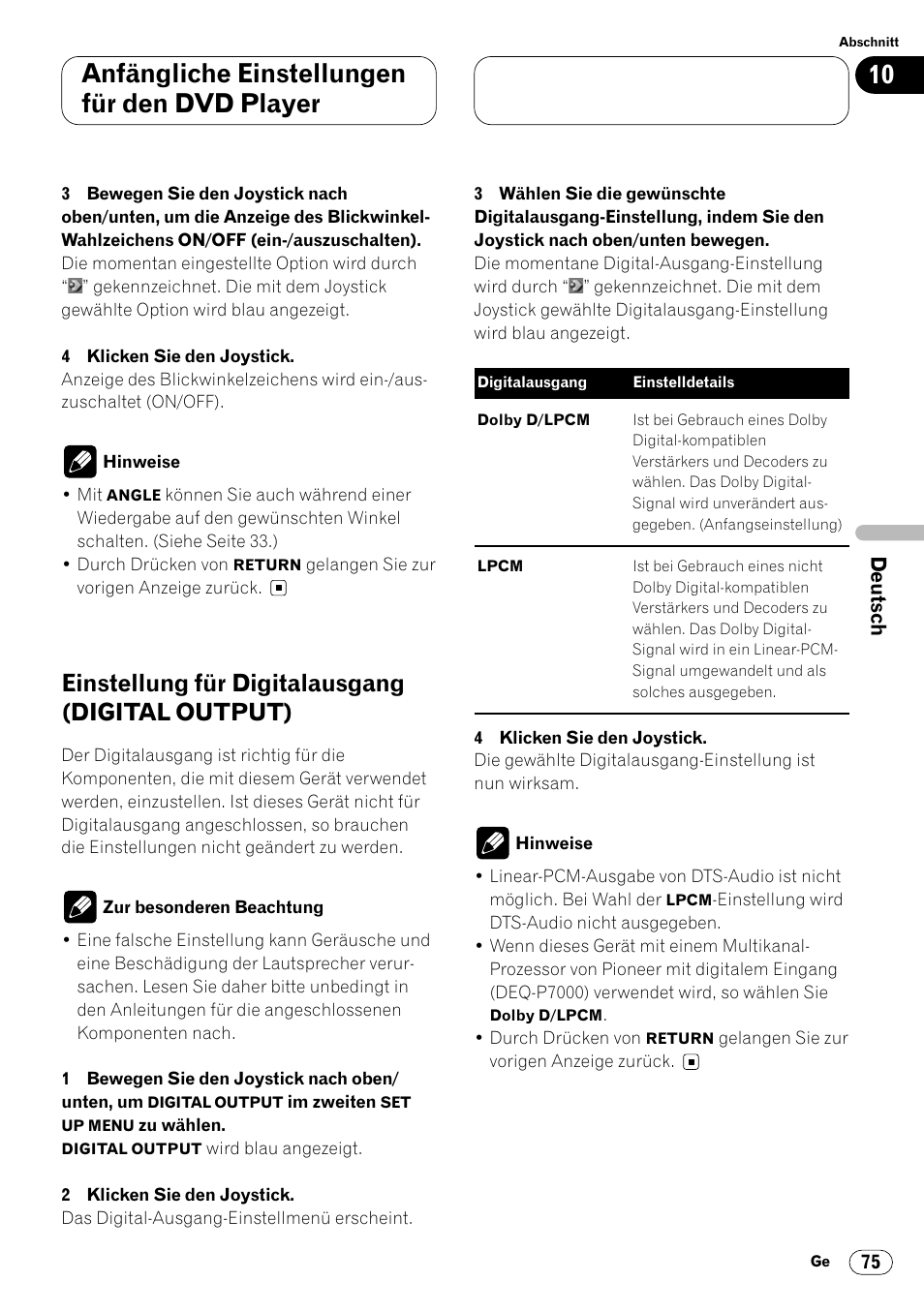 Einstellung für digitalausgang (digital, Output) 75, Anfängliche einstellungen für den dvd player | Einstellung für digitalausgang (digital output) | Pioneer DVH-P7000R User Manual | Page 75 / 204