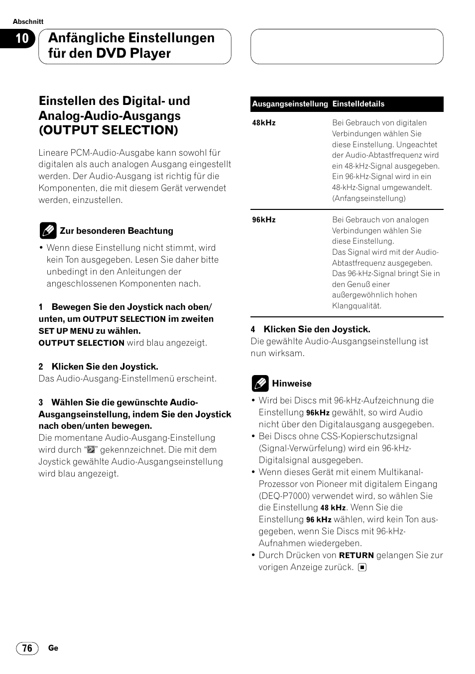 Einstellen des digital- und analog-audio, Ausgangs (output selection) 76, Anfängliche einstellungen für den dvd player | Pioneer DVH-P7000R User Manual | Page 76 / 204