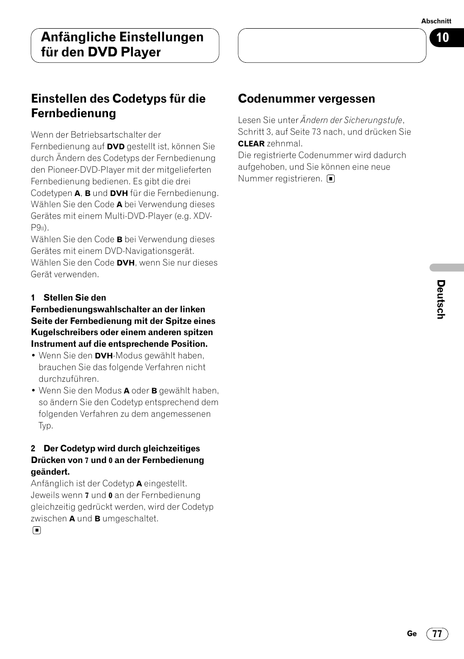 Einstellen des codetyps für die fernbe, Dienung 77, Codenummer vergessen 77 | Anfängliche einstellungen für den dvd player, Einstellen des codetyps für die fernbedienung, Codenummer vergessen | Pioneer DVH-P7000R User Manual | Page 77 / 204