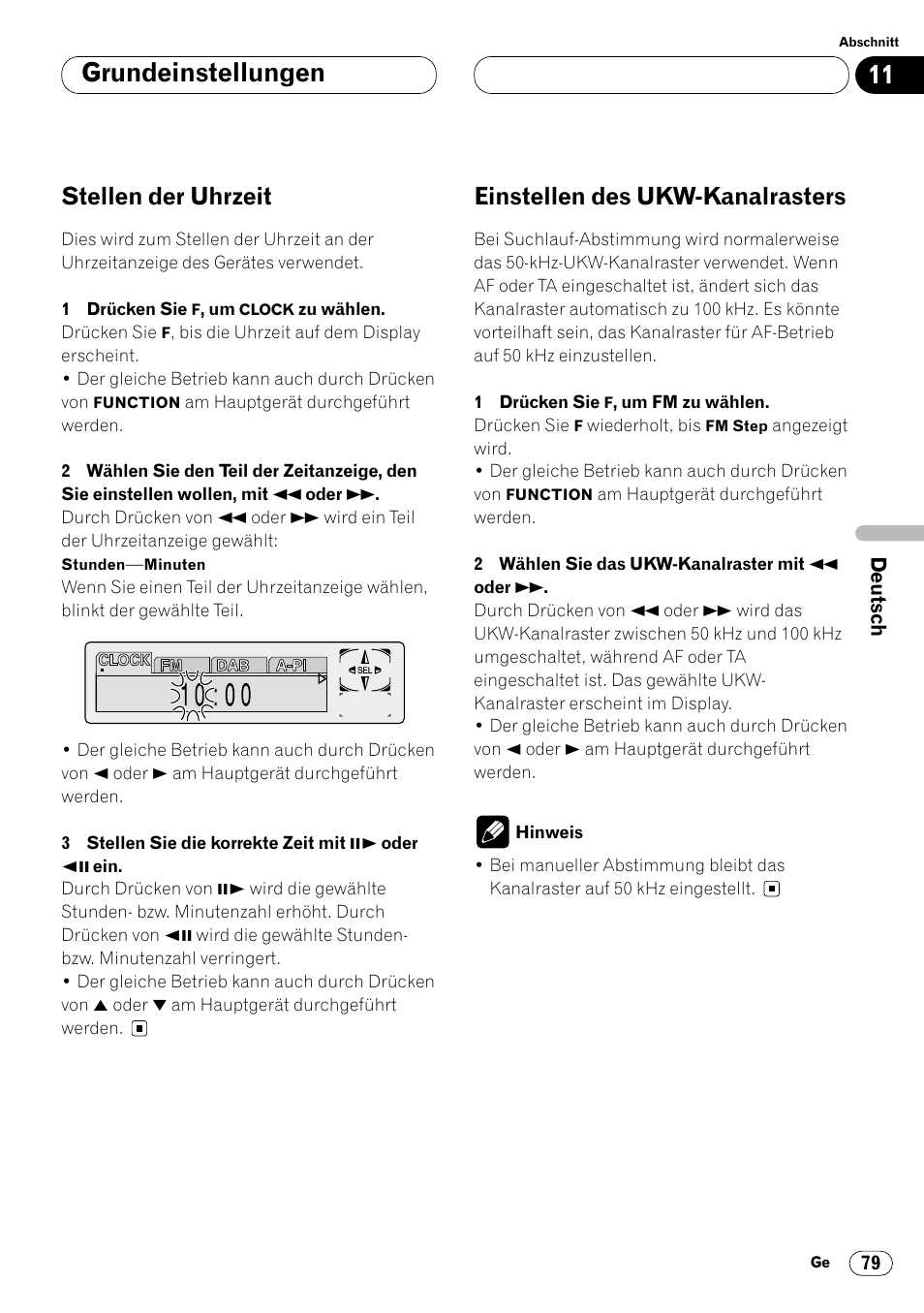 Grundeinstellungen, Stellen der uhrzeit, Einstellen des ukw-kanalrasters | Pioneer DVH-P7000R User Manual | Page 79 / 204