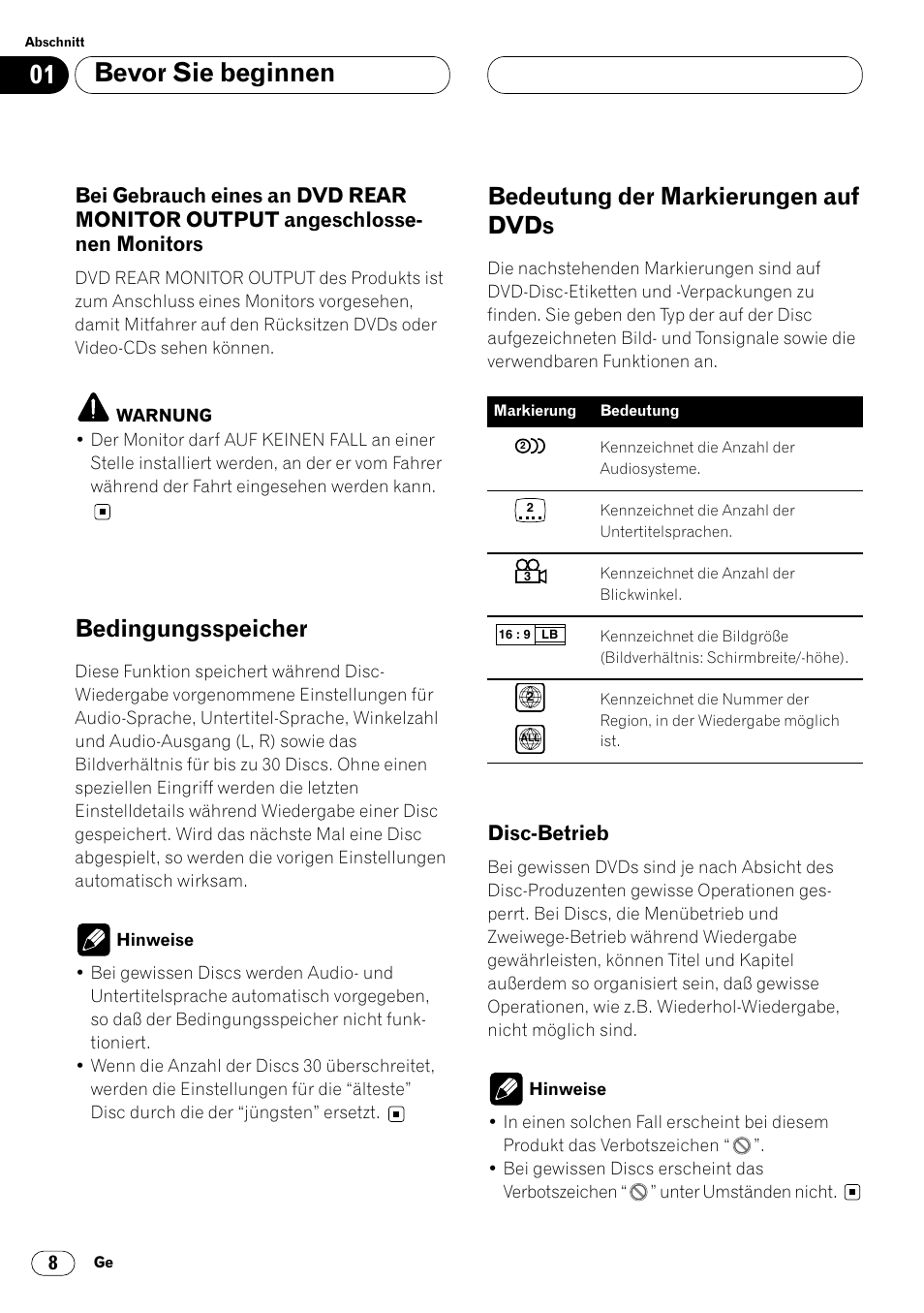 Disc-betrieb 8, Bei gebrauch eines an dvd rear, Monitor output angeschlossenen monitors 8 | Bevor sie beginnen, Bedingungsspeicher, Bedeutung der markierungen auf dvds, Disc-betrieb | Pioneer DVH-P7000R User Manual | Page 8 / 204
