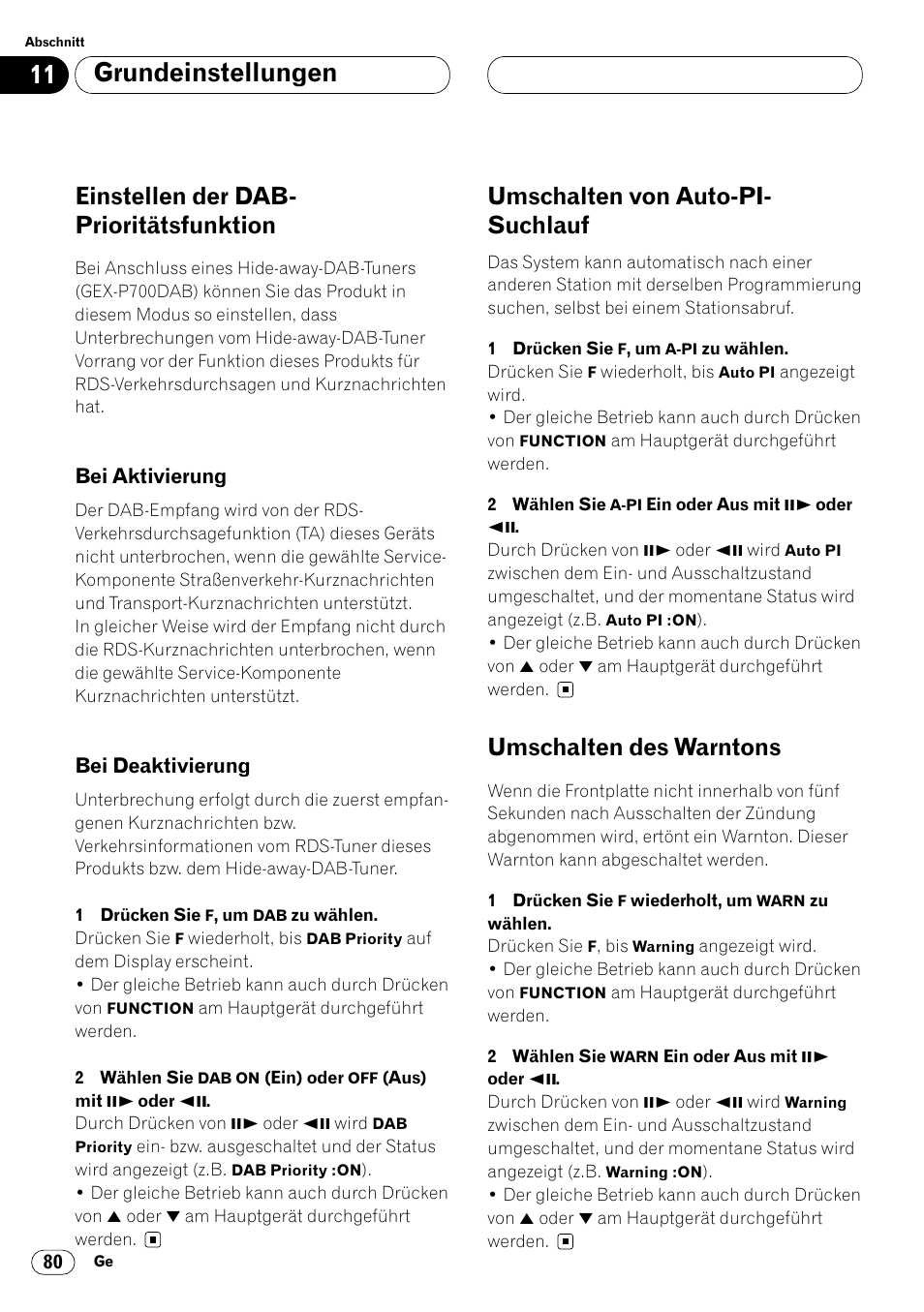 Einstellen der dab-prioritätsfunktion 80, Bei aktivierung 80 • bei deaktivierung 80, Grundeinstellungen | Einstellen der dab- prioritätsfunktion, Umschalten von auto-pi- suchlauf, Umschalten des warntons | Pioneer DVH-P7000R User Manual | Page 80 / 204