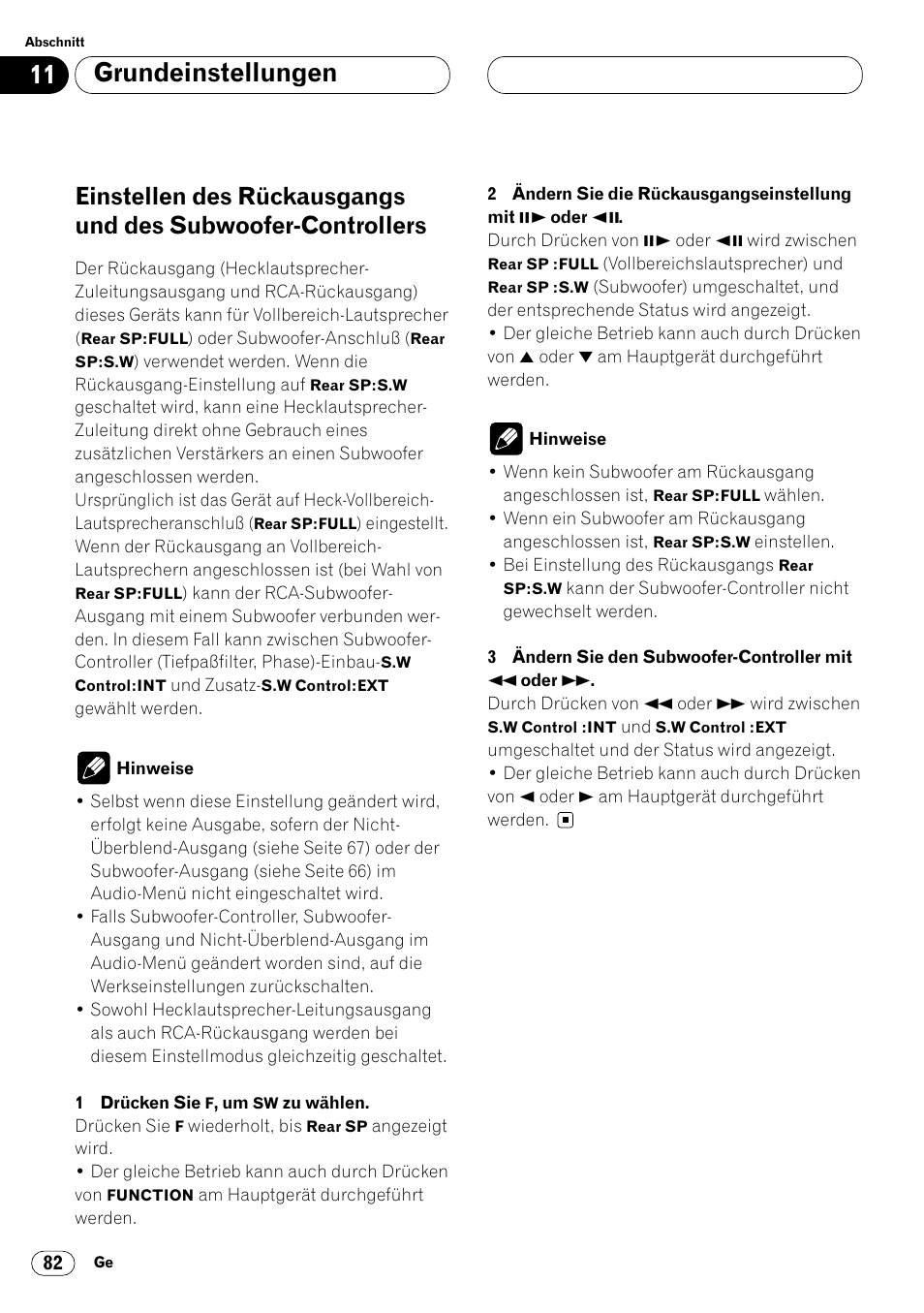 Einstellen des rückausgangs und des, Subwoofer-controllers 82, Grundeinstellungen | Pioneer DVH-P7000R User Manual | Page 82 / 204