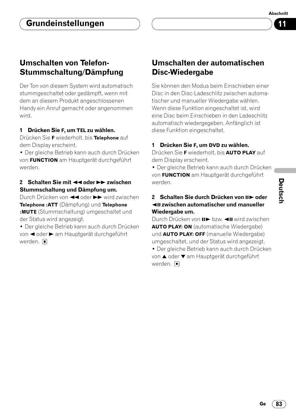 Umschalten von telefon, Stummschaltung/dämpfung 83, Umschalten der automatischen disc | Wiedergabe 83, Grundeinstellungen, Umschalten von telefon- stummschaltung/dämpfung, Umschalten der automatischen disc-wiedergabe | Pioneer DVH-P7000R User Manual | Page 83 / 204