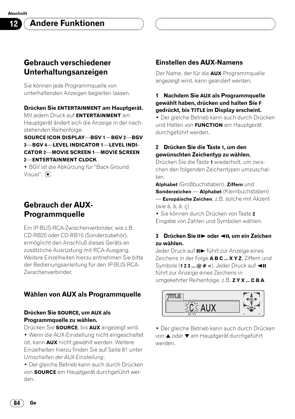 Gebrauch verschiedener, Unterhaltungsanzeigen 84, Gebrauch der aux-programmquelle 84 | Wählen von aux als, Programmquelle 84, Einstellen des aux-namens 84, Andere funktionen, Gebrauch verschiedener unterhaltungsanzeigen, Gebrauch der aux- programmquelle, Wählen von aux als programmquelle | Pioneer DVH-P7000R User Manual | Page 84 / 204