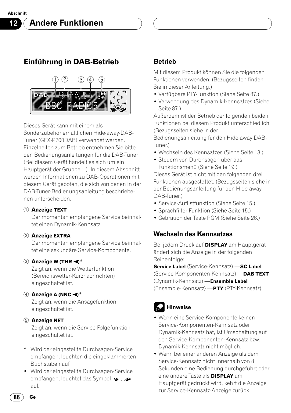 Einführung in dab-betrieb 86, Betrieb 86 • wechseln des kennsatzes 86, Andere funktionen | Einführung in dab-betrieb | Pioneer DVH-P7000R User Manual | Page 86 / 204
