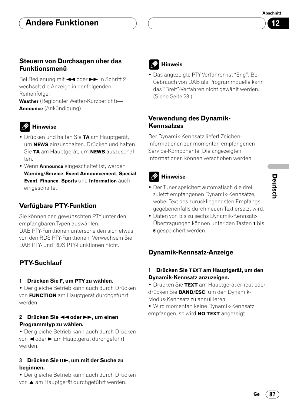 Steuern von durchsagen über das, Funktionsmenü 87, Kennsatzes 87 | Dynamik-kennsatz-anzeige 87, Andere funktionen | Pioneer DVH-P7000R User Manual | Page 87 / 204