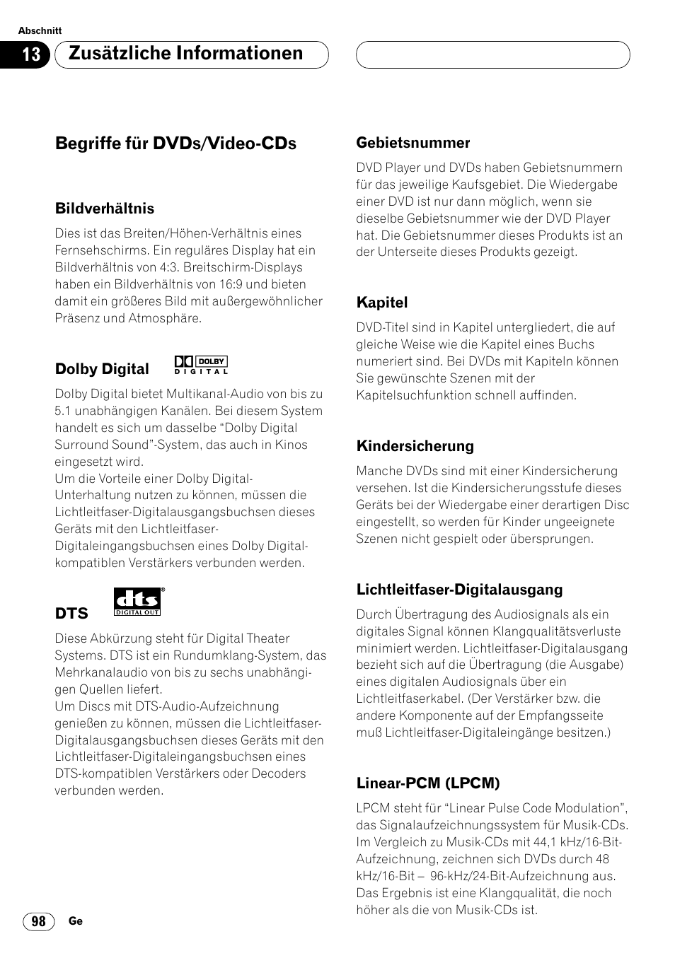 Begriffe für dvds/video-cds 98, Zusätzliche informationen, Begriffe für dvds/video-cds | Pioneer DVH-P7000R User Manual | Page 98 / 204