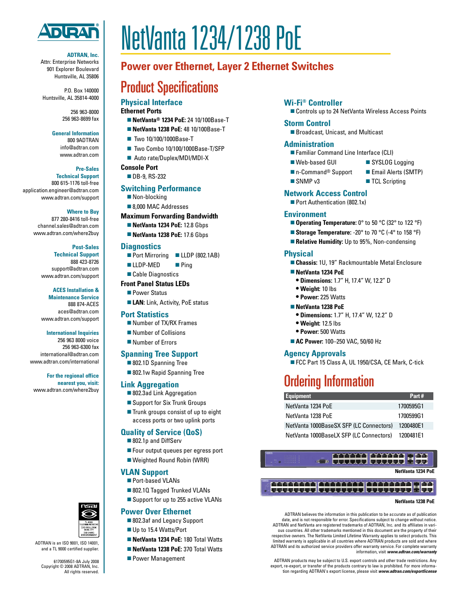 Product specifications, Ordering information, Power over ethernet, layer 2 ethernet switches | Physical interface, Switching performance, Diagnostics, Port statistics, Spanning tree support, Link aggregation, Quality of service (qos) | ADTRAN NetVanta 1234 User Manual | Page 2 / 2