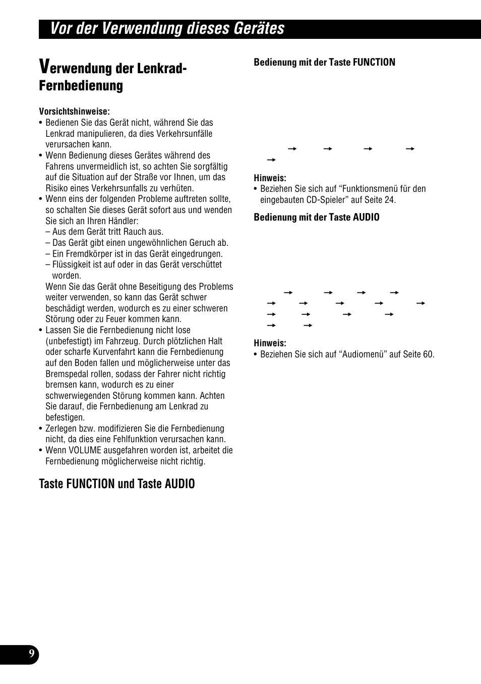Verwendung der lenkrad-fernbedienung, Vor der verwendung dieses gerätes, Erwendung der lenkrad- fernbedienung | Taste function und taste audio | Pioneer DEH-P900HDD User Manual | Page 10 / 176