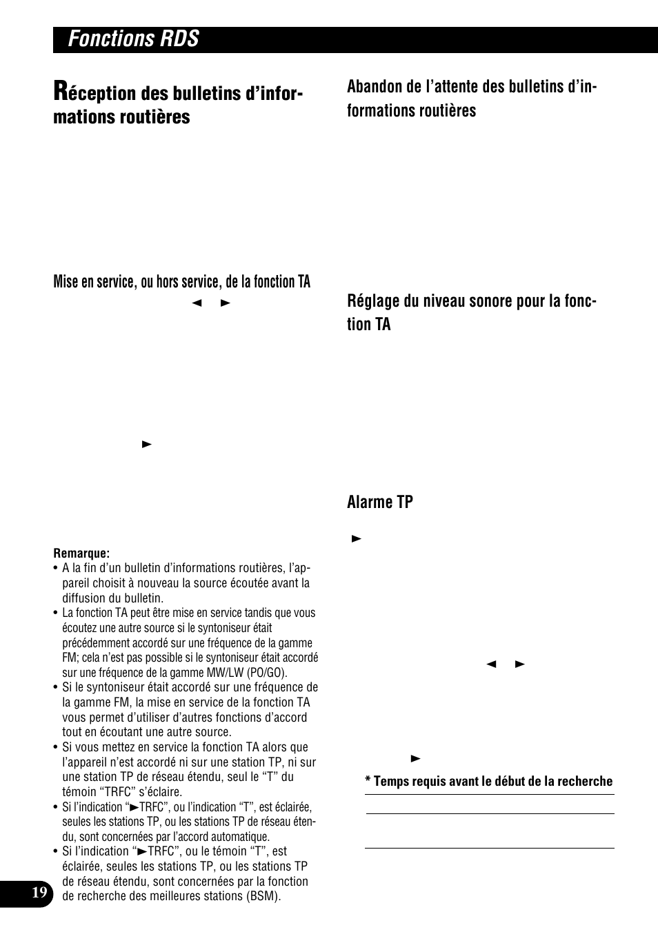 Réception des bulletins d’informations, Routières, Fonctions rds | Éception des bulletins d’infor- mations routières, Réglage du niveau sonore pour la fonc- tion ta, Alarme tp | Pioneer DEH-P900HDD User Manual | Page 106 / 176