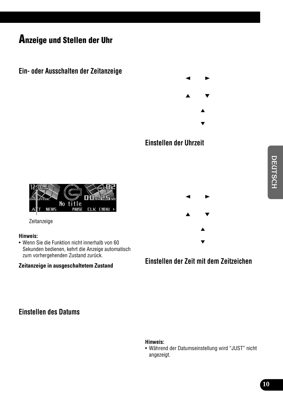Anzeige und stellen der uhr, Nzeige und stellen der uhr, Ein- oder ausschalten der zeitanzeige | Einstellen des datums, Einstellen der uhrzeit, Einstellen der zeit mit dem zeitzeichen | Pioneer DEH-P900HDD User Manual | Page 11 / 176
