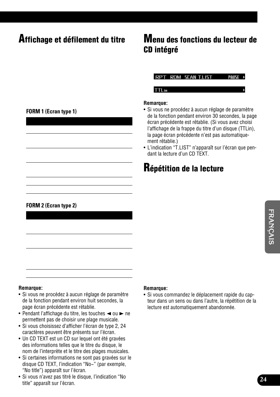 Cd intégré, Répétition de la lecture, Ffichage et défilement du titre | Enu des fonctions du lecteur de cd intégré, Épétition de la lecture | Pioneer DEH-P900HDD User Manual | Page 111 / 176