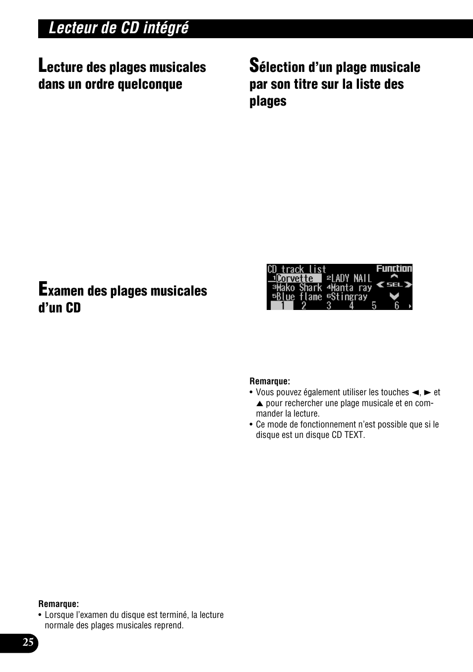 Lecture des plages musicales dans un ordre, Quelconque, Sur la liste des plages | Lecteur de cd intégré, Xamen des plages musicales d’un cd | Pioneer DEH-P900HDD User Manual | Page 112 / 176