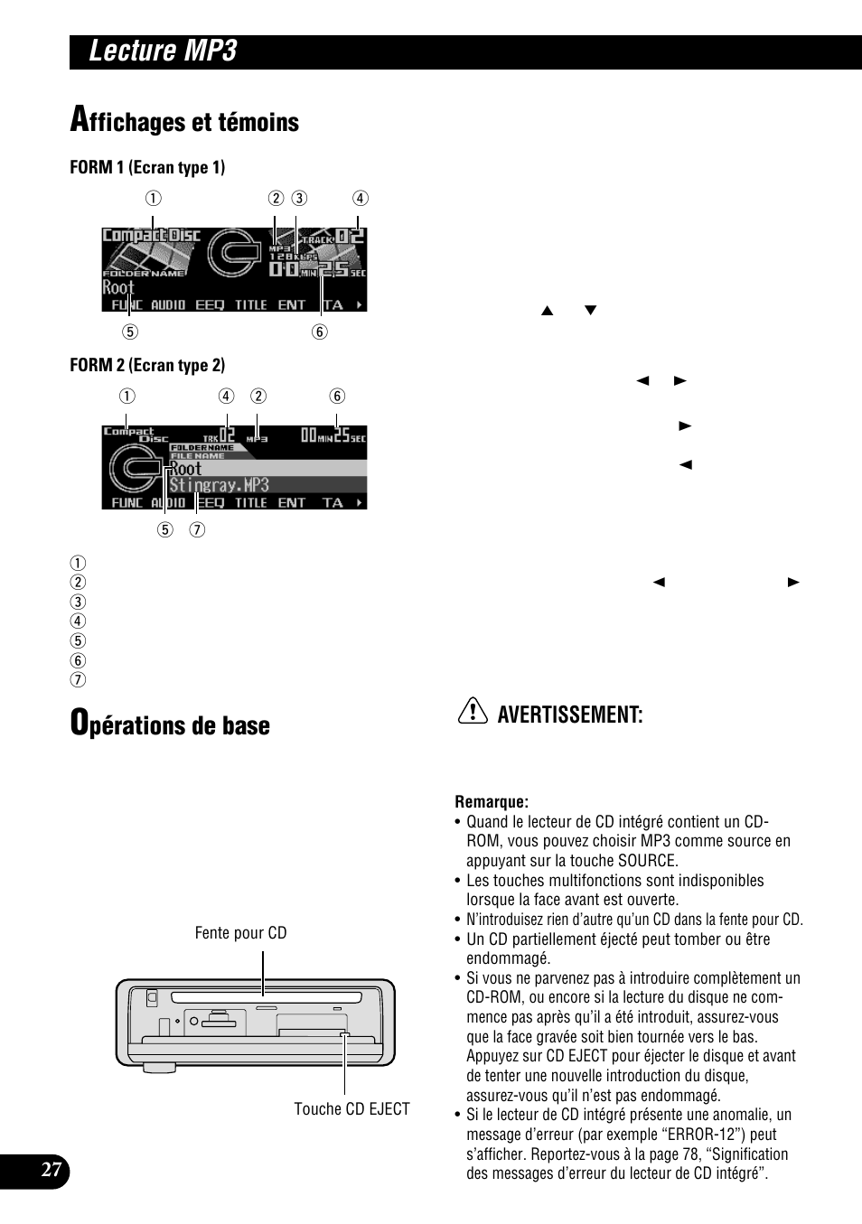 Lecture mp3, Affichages et témoins opérations de base, Ffichages et témoins | Pérations de base, Avertissement | Pioneer DEH-P900HDD User Manual | Page 114 / 176