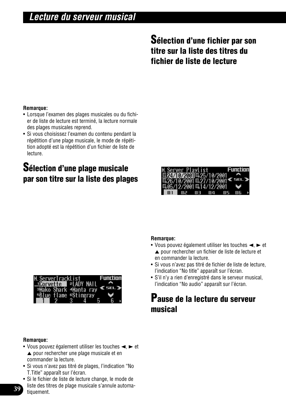 Sélection d’une plage musicale par son titre, Sur la liste des plages, Sélection d’une fichier par son titre sur | La liste des titres du fichier de liste de lecture, Pause de la lecture du serveur musical, Lecture du serveur musical, Ause de la lecture du serveur musical | Pioneer DEH-P900HDD User Manual | Page 126 / 176
