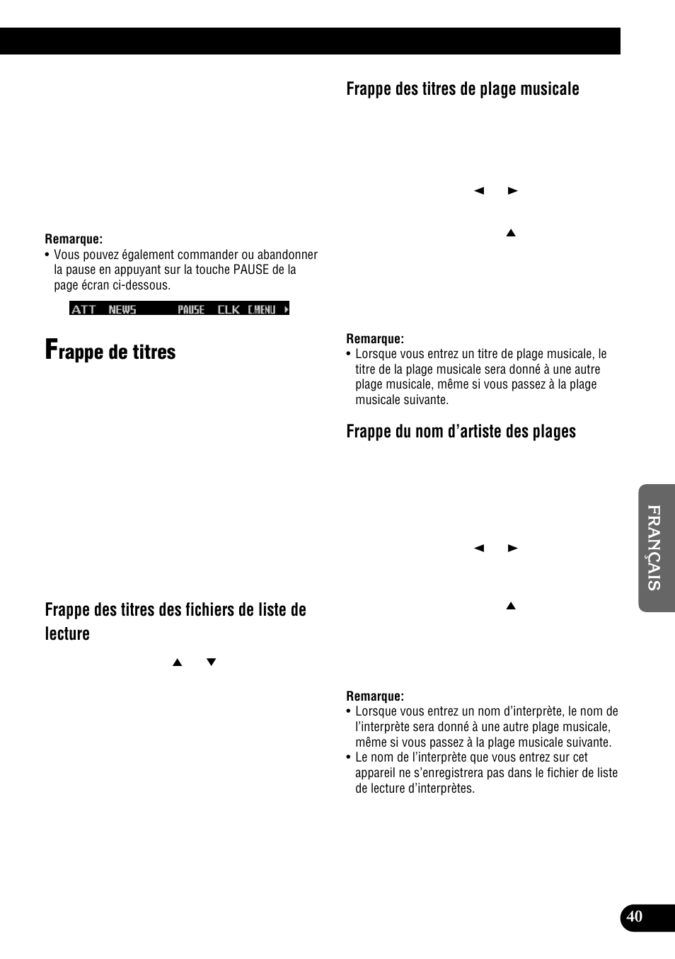 Frappe de titres, Rappe de titres, Frappe des titres des fichiers de liste de lecture | Frappe des titres de plage musicale, Frappe du nom d’artiste des plages | Pioneer DEH-P900HDD User Manual | Page 127 / 176