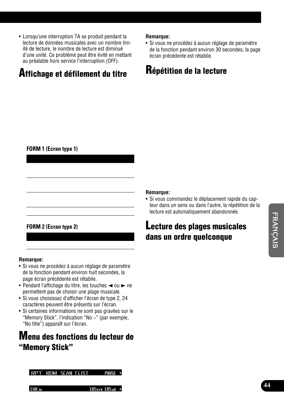 Memory stick, Ordre quelconque, Ffichage et défilement du titre | Épétition de la lecture | Pioneer DEH-P900HDD User Manual | Page 131 / 176