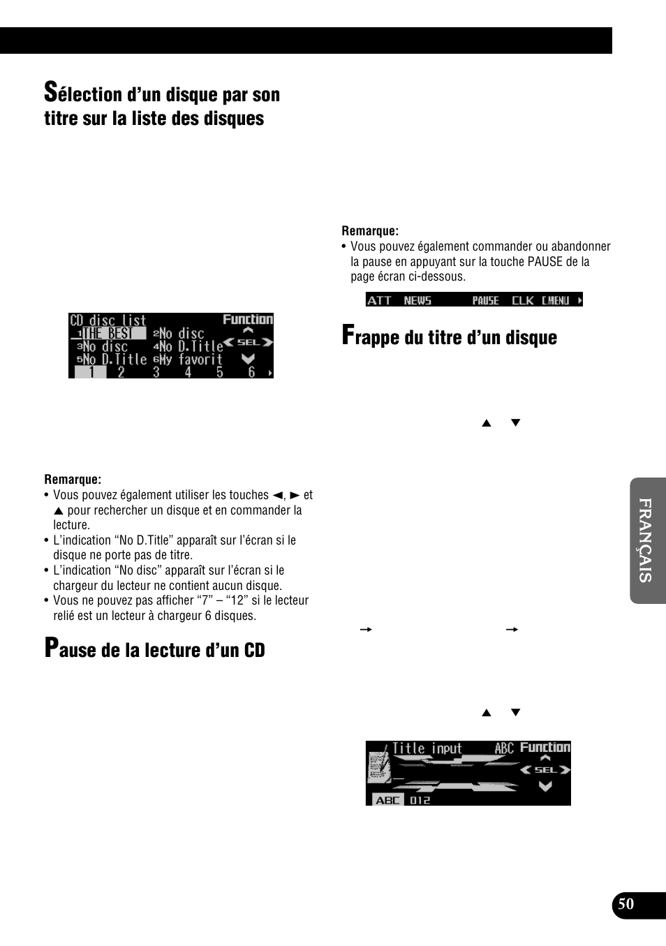 Sélection d’un disque par son titre, Sur la liste des disques, Ause de la lecture d’un cd | Rappe du titre d’un disque | Pioneer DEH-P900HDD User Manual | Page 137 / 176