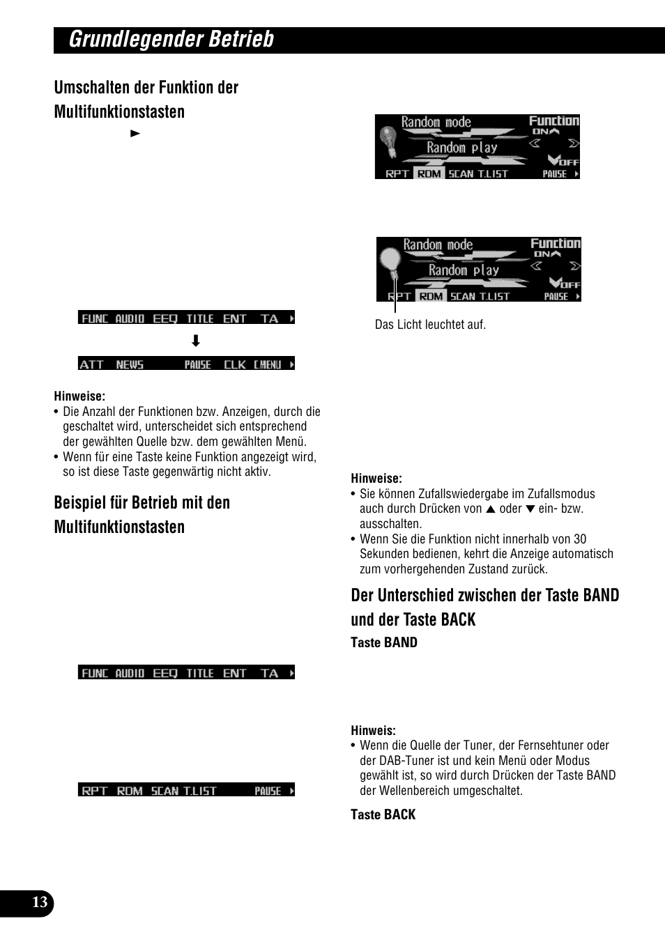 Grundlegender betrieb, Umschalten der funktion der multifunktionstasten, Beispiel für betrieb mit den multifunktionstasten | Pioneer DEH-P900HDD User Manual | Page 14 / 176