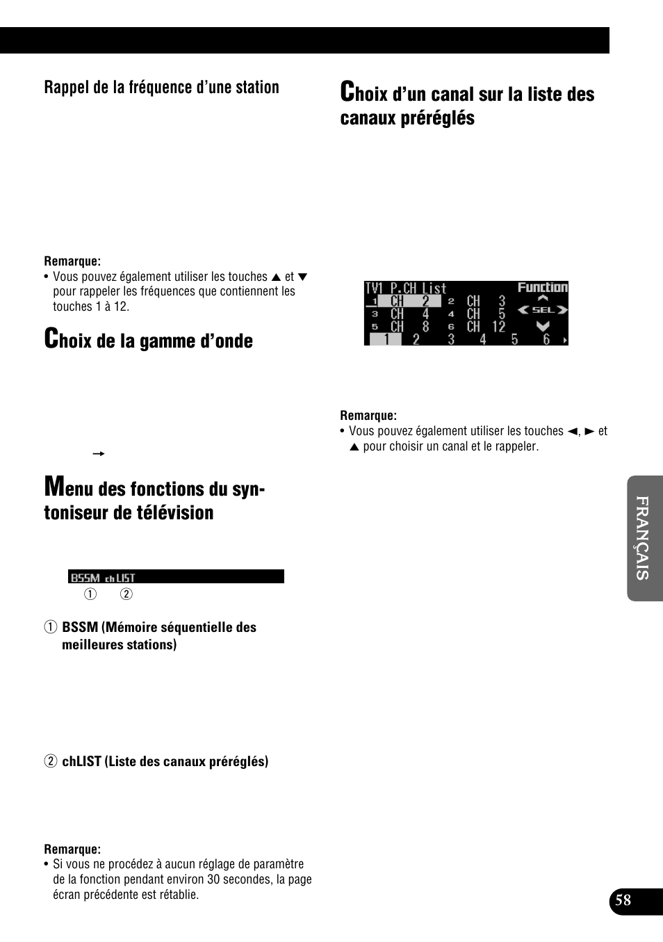 De télévision, Choix d’un canal sur la liste des canaux, Préréglés | Hoix de la gamme d’onde, Enu des fonctions du syn- toniseur de télévision, Hoix d’un canal sur la liste des canaux préréglés, Rappel de la fréquence d’une station | Pioneer DEH-P900HDD User Manual | Page 145 / 176