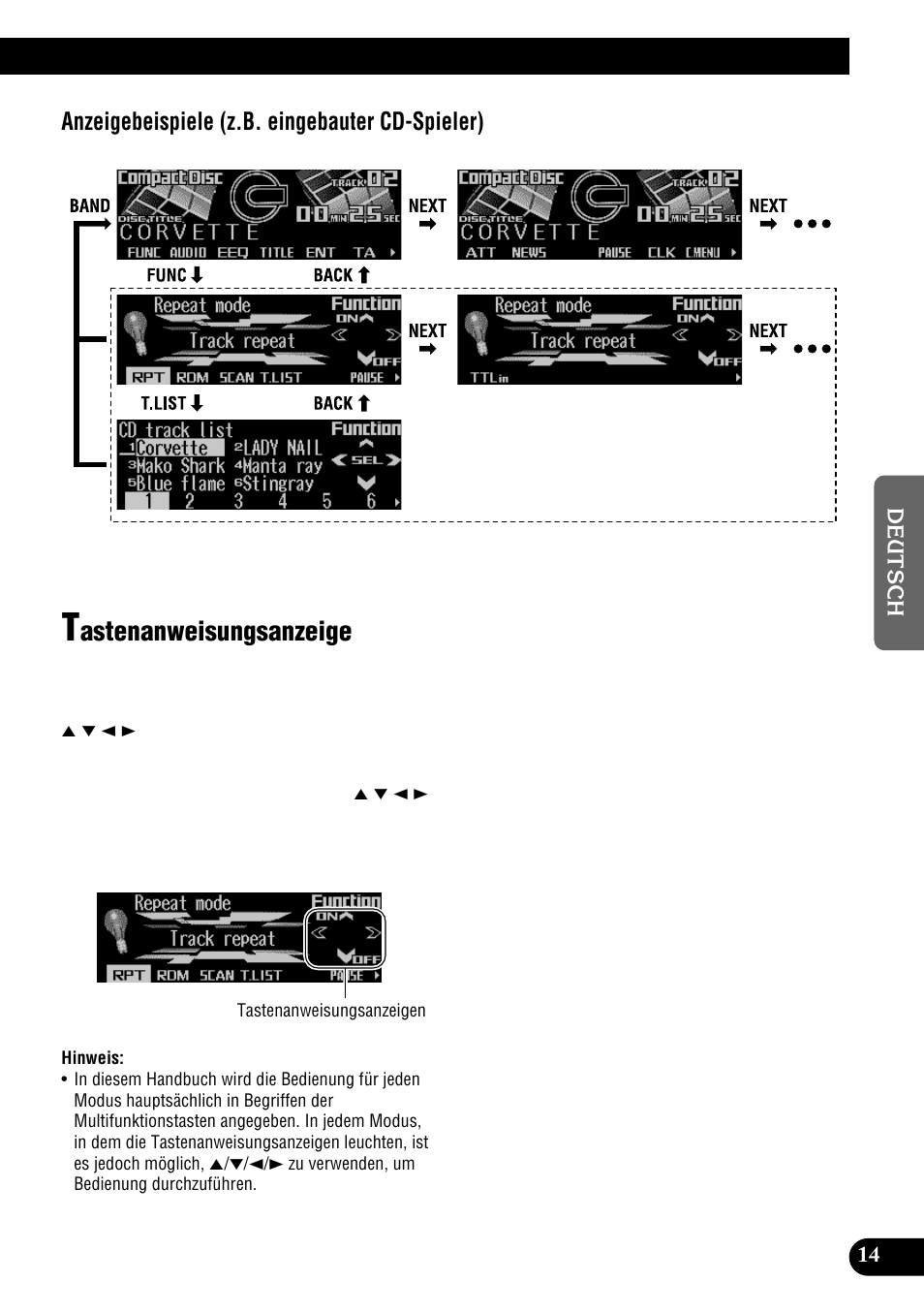 Tastenanweisungsanzeige, Astenanweisungsanzeige, Anzeigebeispiele (z.b. eingebauter cd-spieler) | Pioneer DEH-P900HDD User Manual | Page 15 / 176