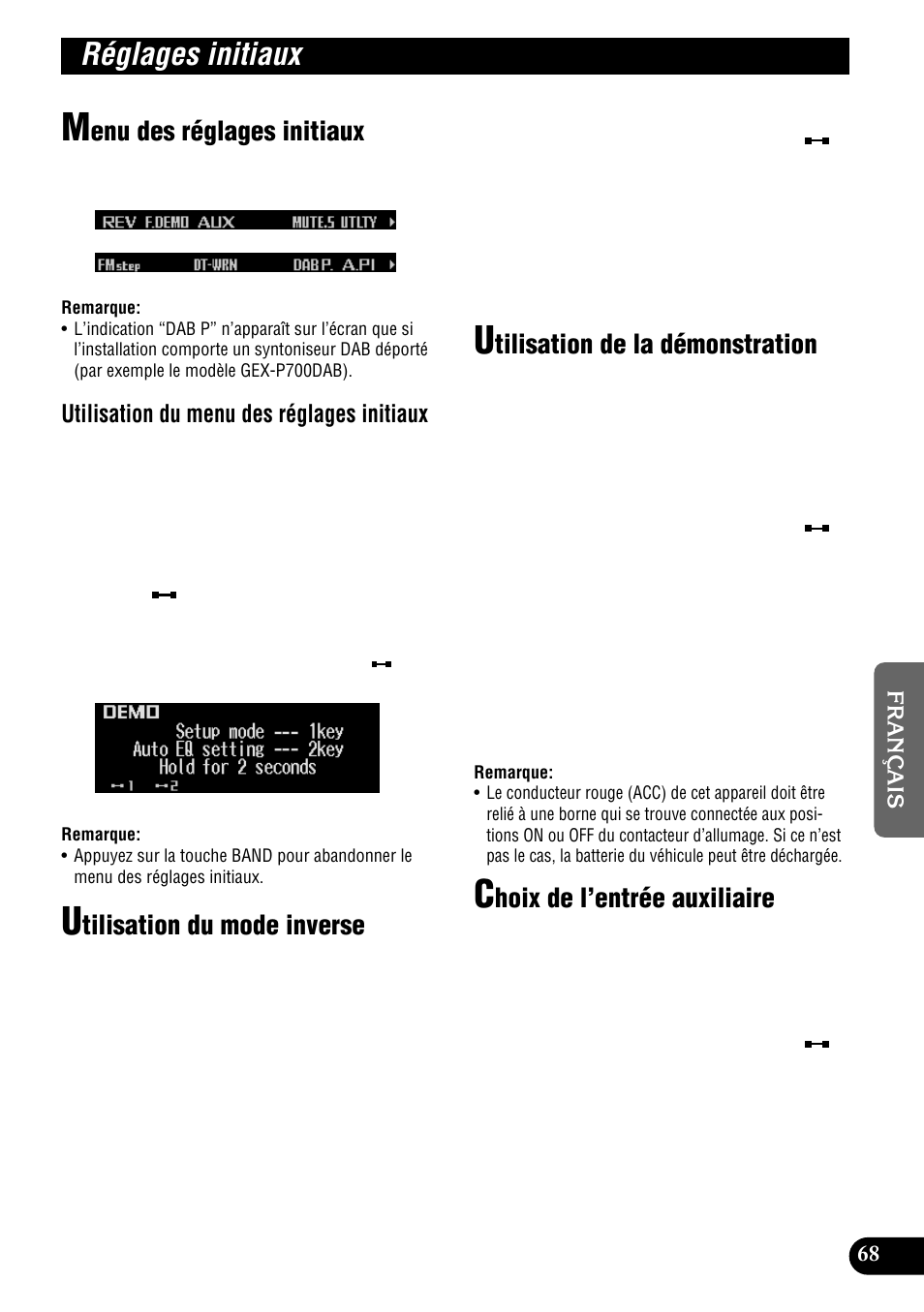 Réglages initiaux, Enu des réglages initiaux, Tilisation du mode inverse | Tilisation de la démonstration, Hoix de l’entrée auxiliaire, Utilisation du menu des réglages initiaux | Pioneer DEH-P900HDD User Manual | Page 155 / 176