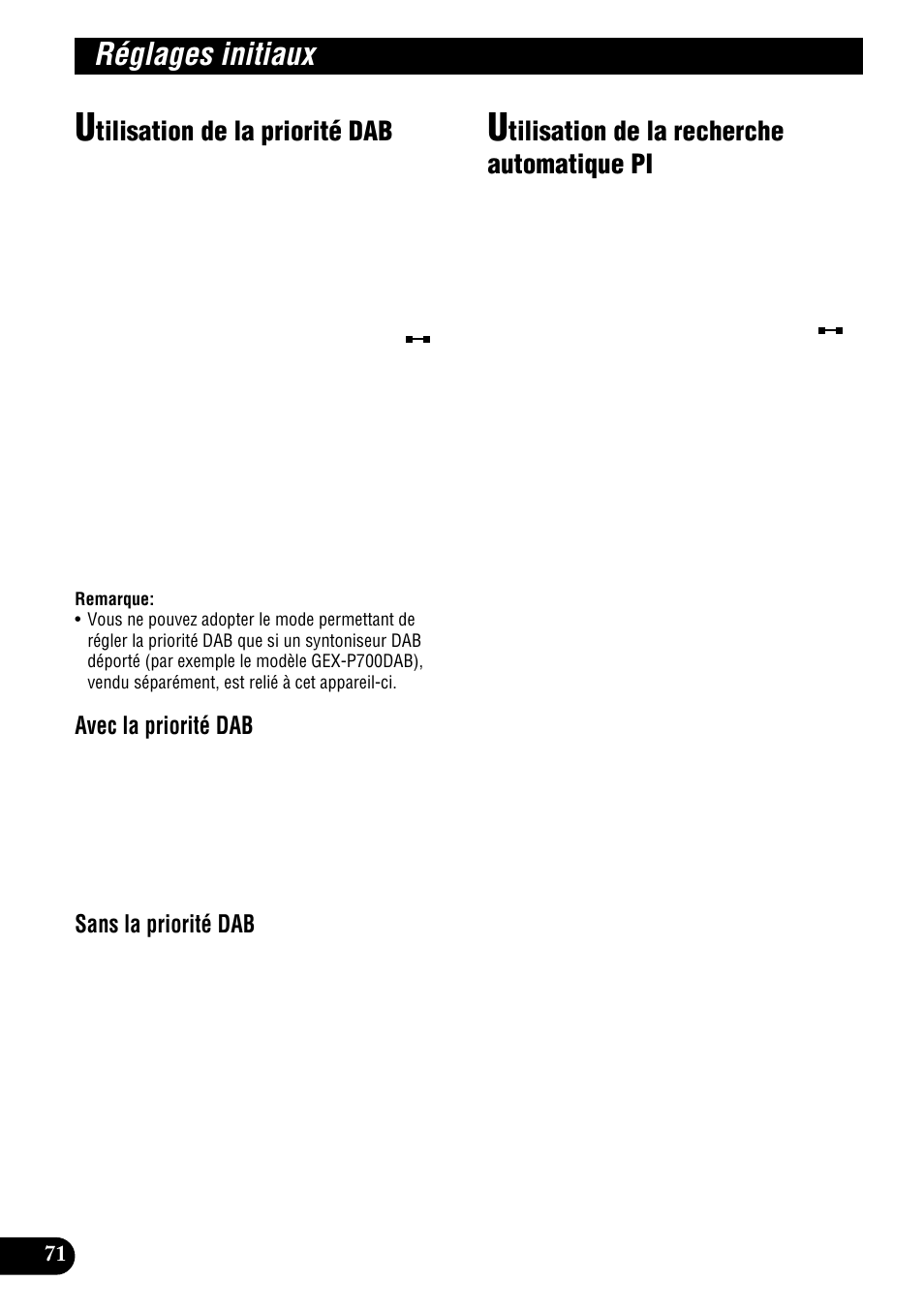 Réglages initiaux, Tilisation de la priorité dab, Tilisation de la recherche automatique pi | Avec la priorité dab, Sans la priorité dab | Pioneer DEH-P900HDD User Manual | Page 158 / 176
