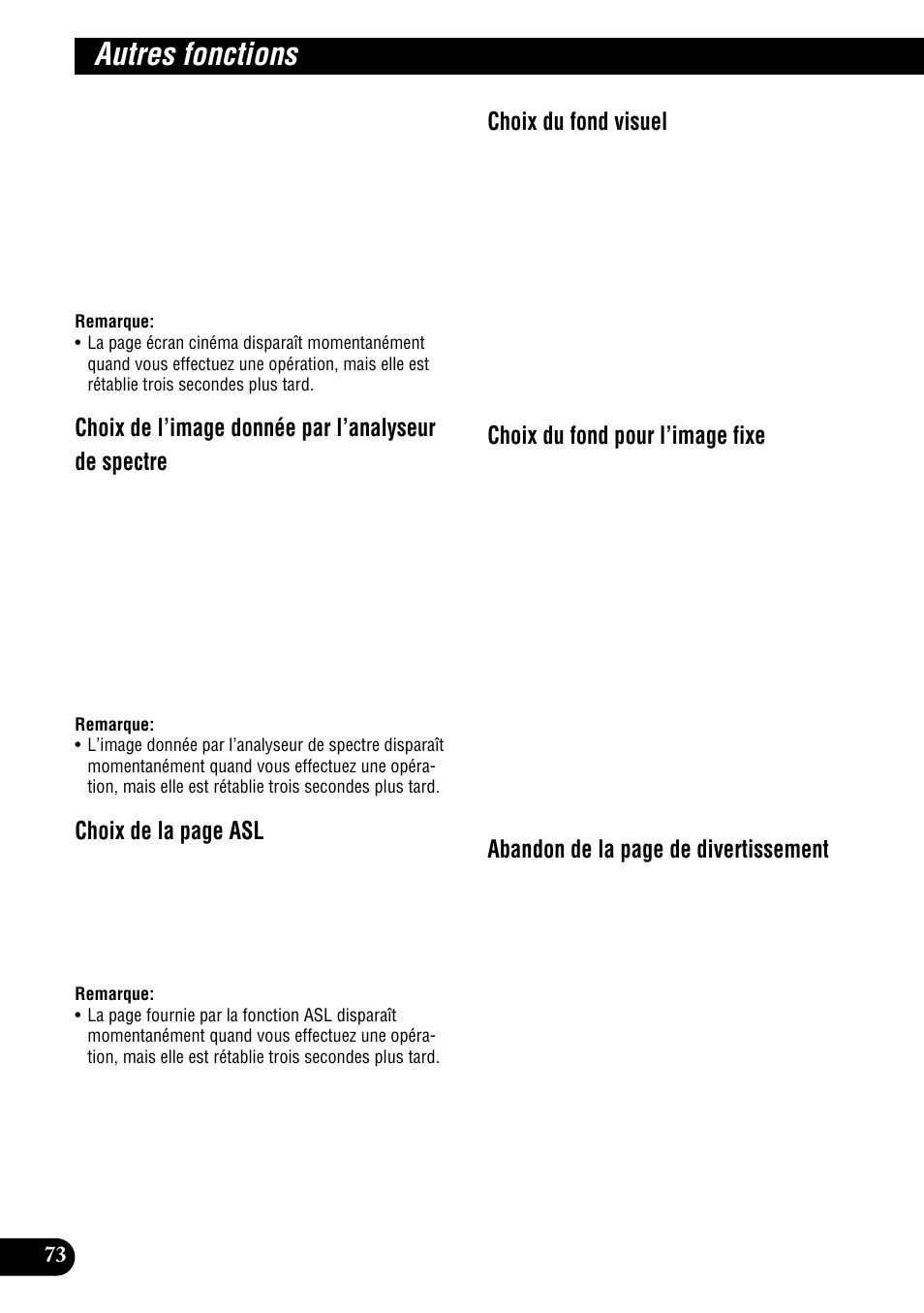 Autres fonctions, Choix de l’image donnée par l’analyseur de spectre, Choix de la page asl | Choix du fond visuel, Choix du fond pour l’image fixe, Abandon de la page de divertissement | Pioneer DEH-P900HDD User Manual | Page 160 / 176