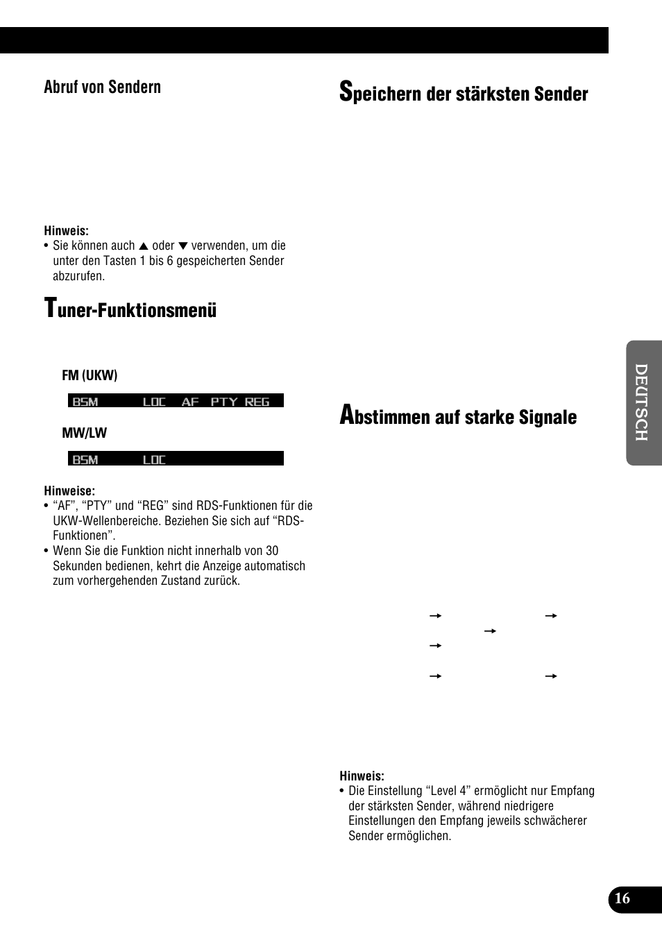 Uner-funktionsmenü, Peichern der stärksten sender, Bstimmen auf starke signale | Abruf von sendern | Pioneer DEH-P900HDD User Manual | Page 17 / 176