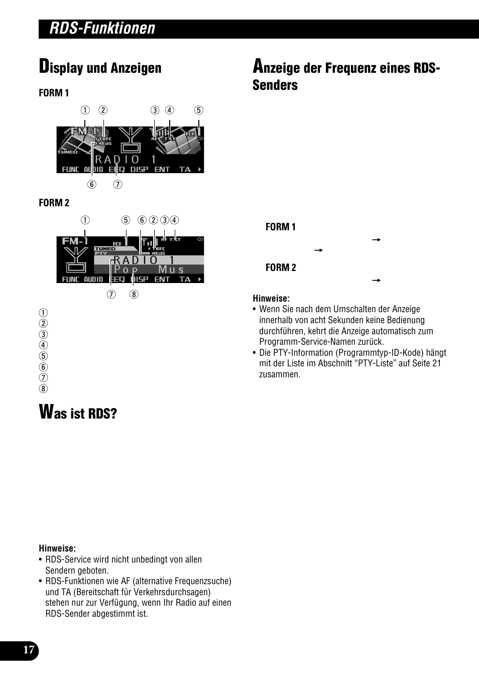 Rds-funktionen, Isplay und anzeigen, As ist rds | Nzeige der frequenz eines rds- senders | Pioneer DEH-P900HDD User Manual | Page 18 / 176