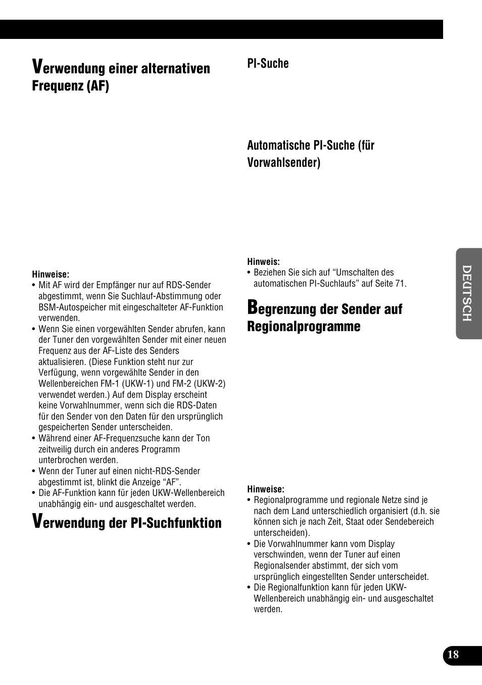 Verwendung einer alternativen, Frequenz (af), Regionalprogramme | Erwendung einer alternativen frequenz (af), Erwendung der pi-suchfunktion, Egrenzung der sender auf regionalprogramme, Pi-suche, Automatische pi-suche (für vorwahlsender) | Pioneer DEH-P900HDD User Manual | Page 19 / 176
