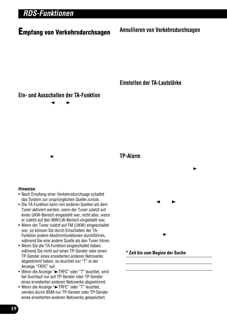 Empfang von verkehrsdurchsagen, Rds-funktionen, Mpfang von verkehrsdurchsagen | Ein- und ausschalten der ta-funktion, Annullieren von verkehrsdurchsagen, Einstellen der ta-lautstärke, Tp-alarm | Pioneer DEH-P900HDD User Manual | Page 20 / 176