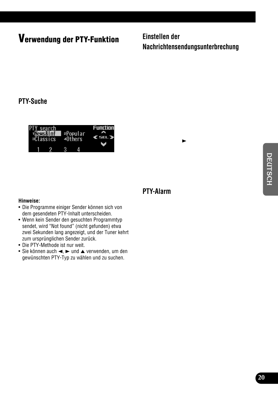 Verwendung der pty-funktion, Erwendung der pty-funktion, Pty-suche | Einstellen der nachrichtensendungsunterbrechung, Pty-alarm | Pioneer DEH-P900HDD User Manual | Page 21 / 176