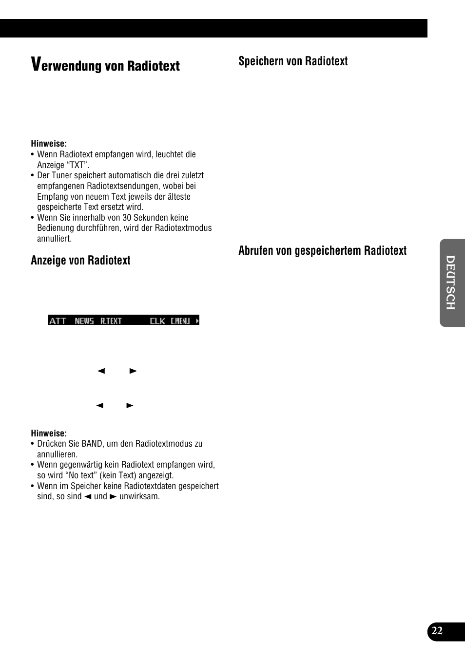 Verwendung von radiotext, Erwendung von radiotext, Anzeige von radiotext | Speichern von radiotext, Abrufen von gespeichertem radiotext | Pioneer DEH-P900HDD User Manual | Page 23 / 176
