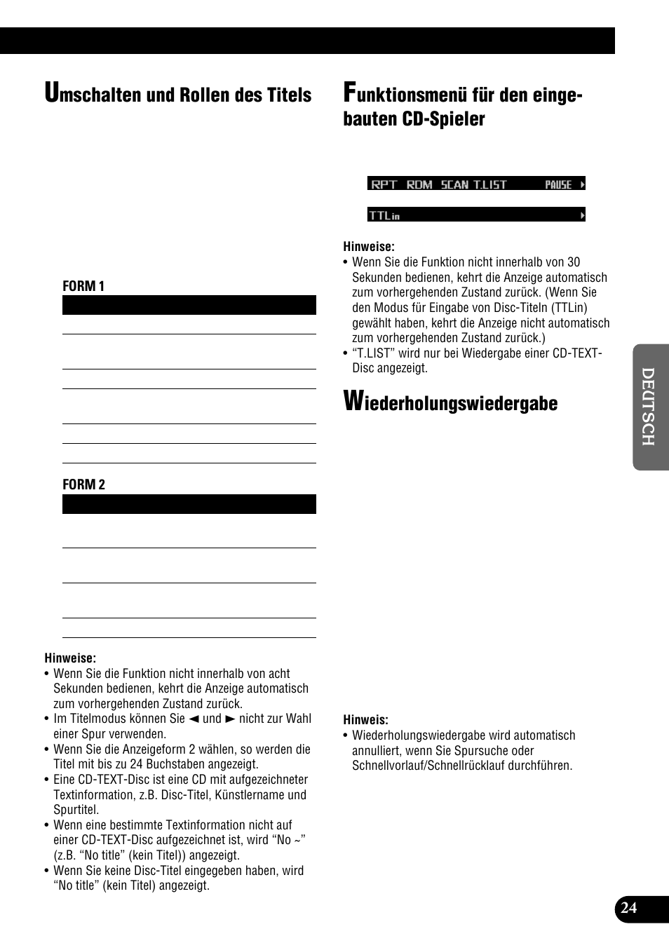 Mschalten und rollen des titels, Unktionsmenü für den einge- bauten cd-spieler, Iederholungswiedergabe | Pioneer DEH-P900HDD User Manual | Page 25 / 176