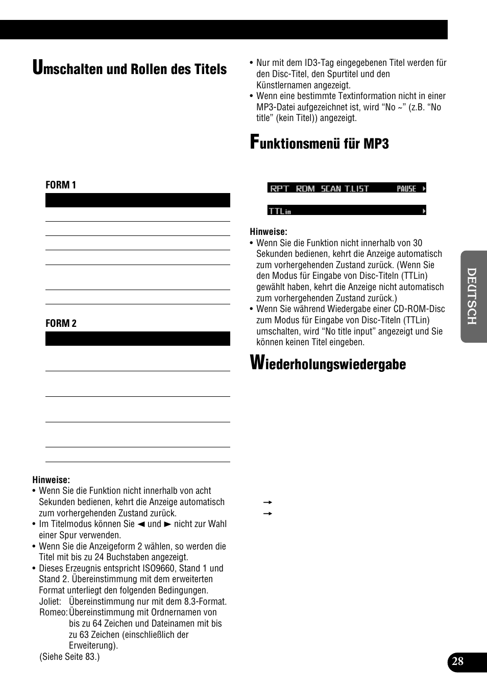 Mschalten und rollen des titels, Unktionsmenü für mp3, Iederholungswiedergabe | Pioneer DEH-P900HDD User Manual | Page 29 / 176