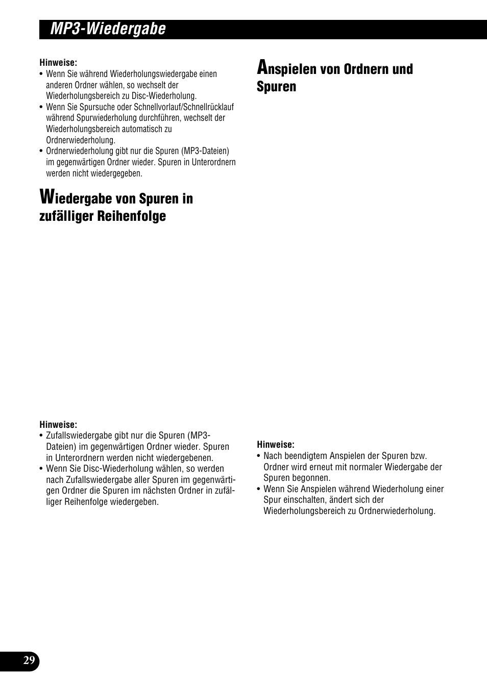 Wiedergabe von spuren in zufälliger, Reihenfolge, Anspielen von ordnern und spuren | Mp3-wiedergabe, Iedergabe von spuren in zufälliger reihenfolge, Nspielen von ordnern und spuren | Pioneer DEH-P900HDD User Manual | Page 30 / 176