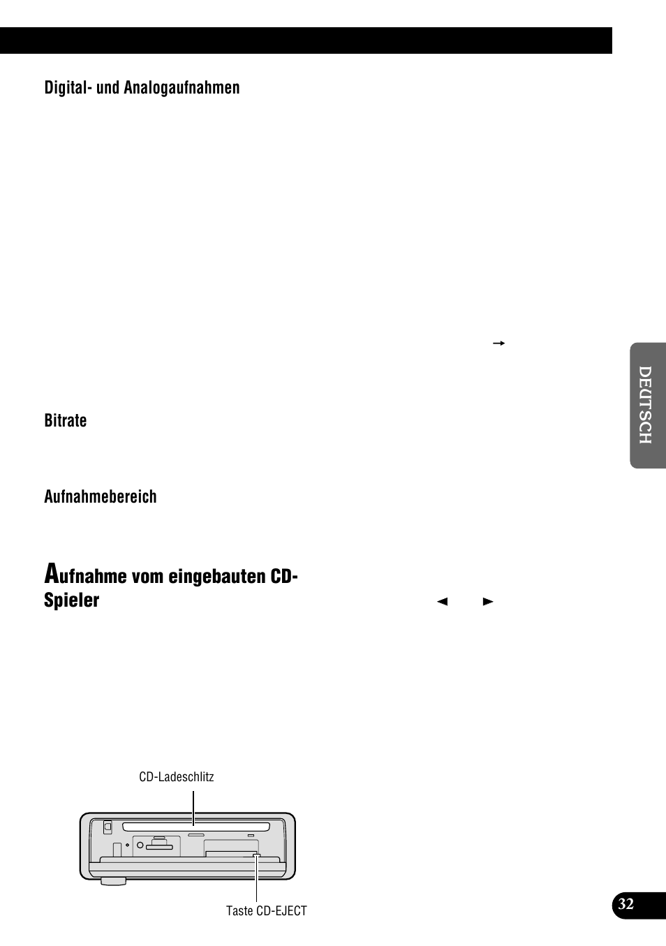 Aufnahme vom eingebauten cd-spieler, Ufnahme vom eingebauten cd- spieler, Digital- und analogaufnahmen | Bitrate, Aufnahmebereich | Pioneer DEH-P900HDD User Manual | Page 33 / 176